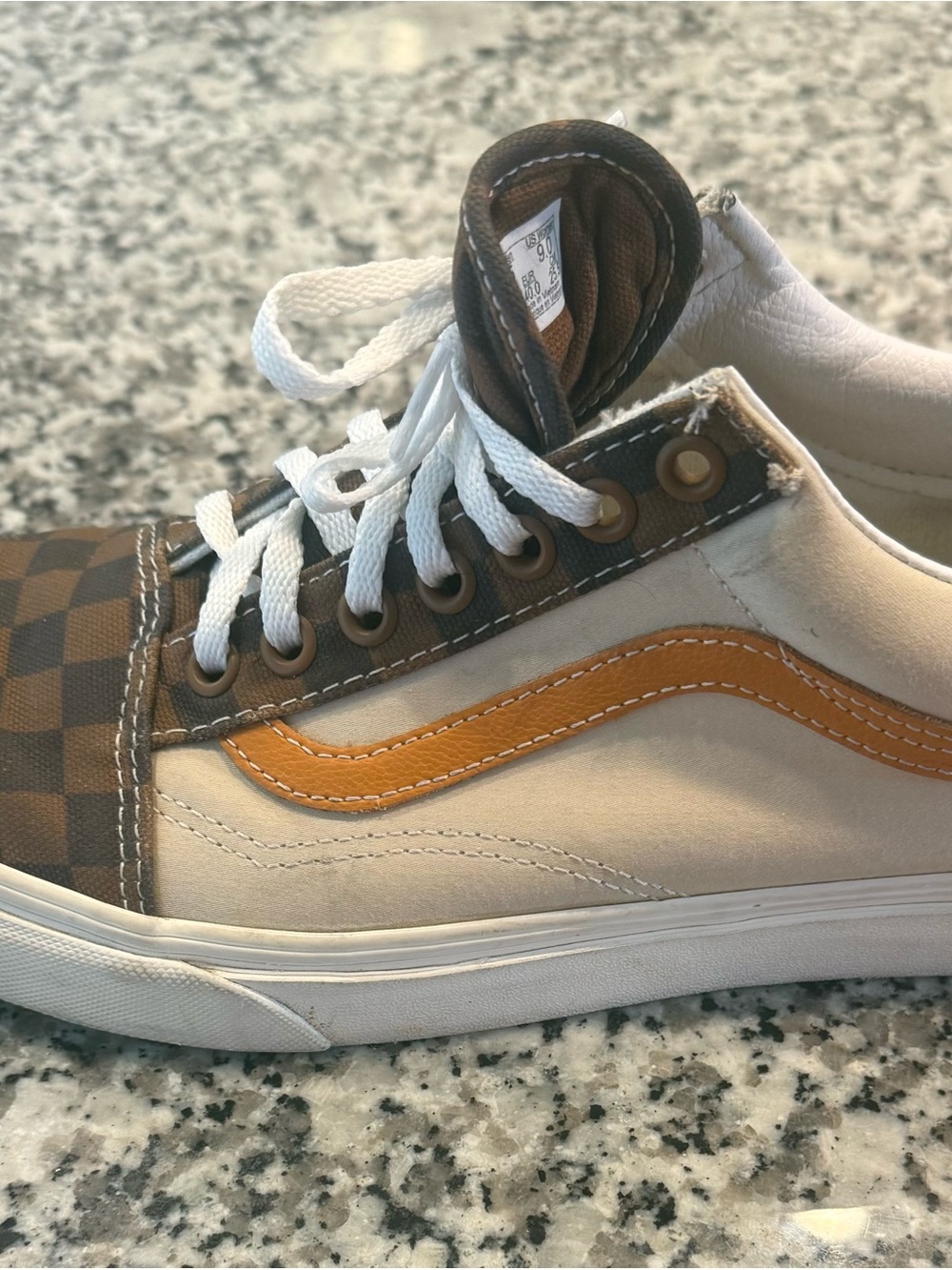 Unisex Vans Brown Checkerboard Sneakers with Tan Stripe - Picture 7 of 10